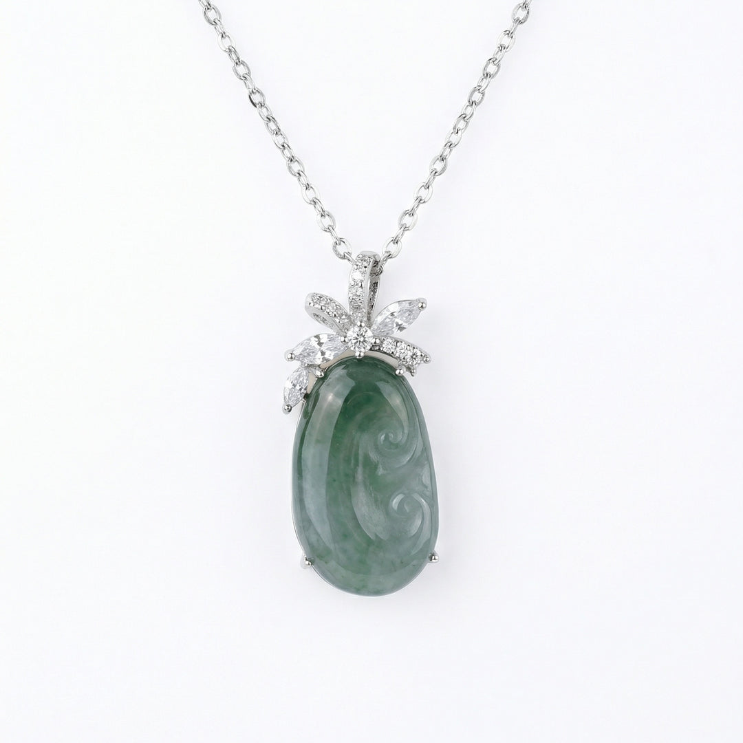 925 Sterling Silver Carved Green Jade Pendant Necklace – Elegant Floral Accents