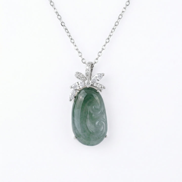 925 Sterling Silver Carved Green Jade Pendant Necklace – Elegant Floral Accents