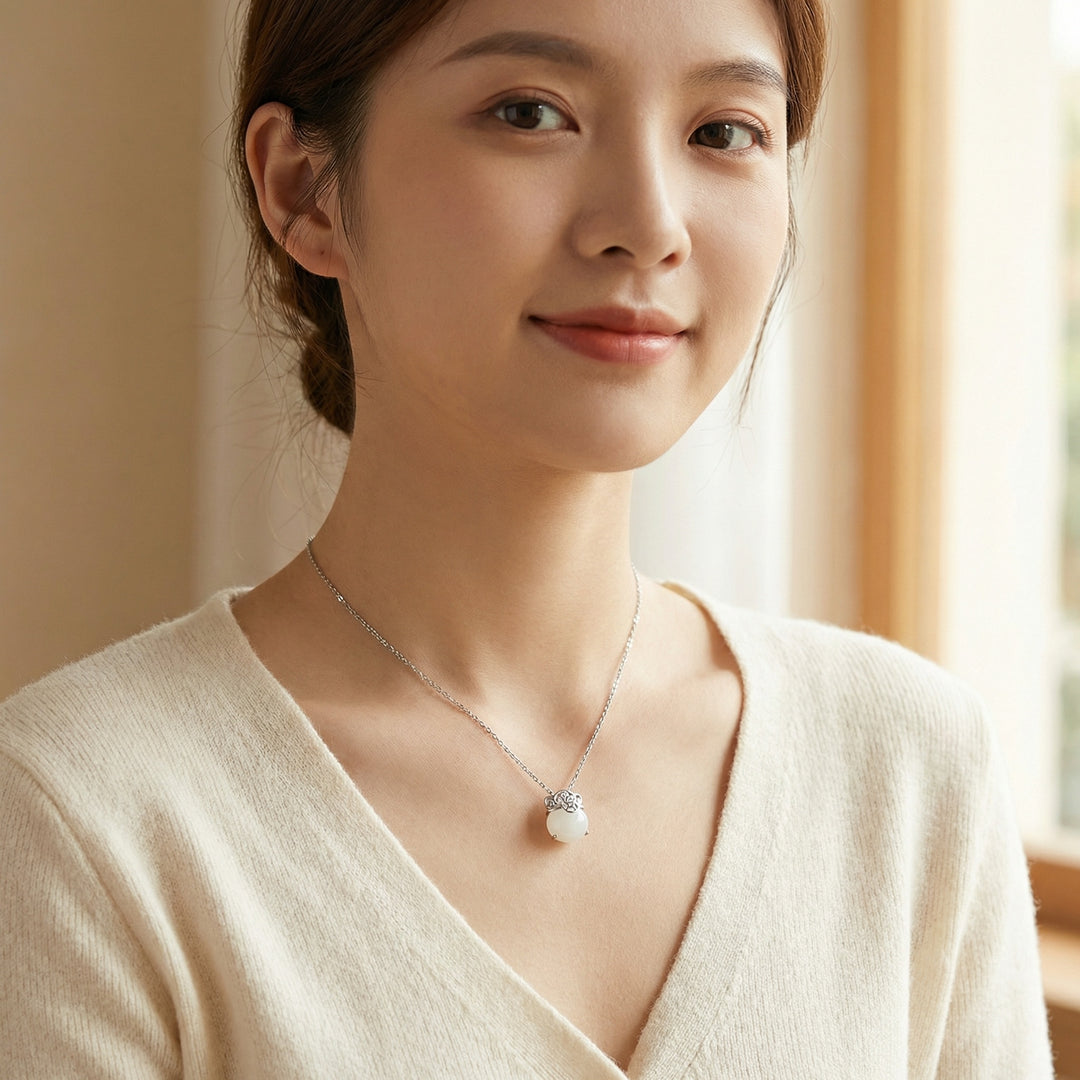 925 Sterling Silver Translucent White Bead Necklace – Elegant Lucky Coin Pendant