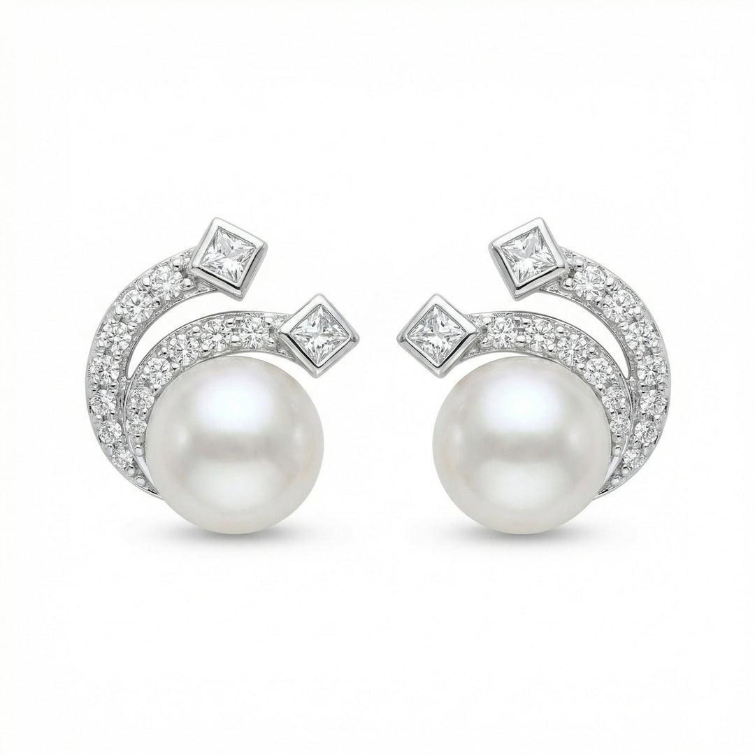 ✨ 925 Sterling Silver White Pearl Wave Stud Earrings with Princess-Cut & Pavé Accents ✨