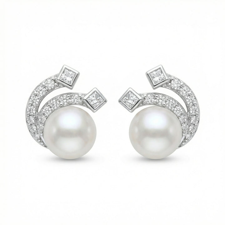 ✨ 925 Sterling Silver White Pearl Wave Stud Earrings with Princess-Cut & Pavé Accents ✨