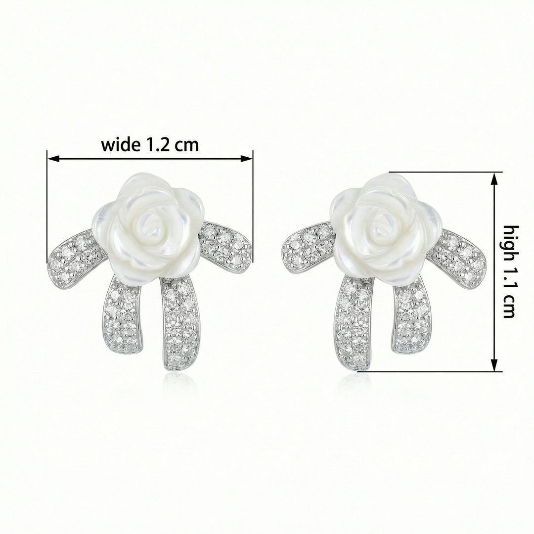 ✨ 925 Sterling Silver Mother-of-Pearl Rose & Crystal Bow Stud Earrings ✨