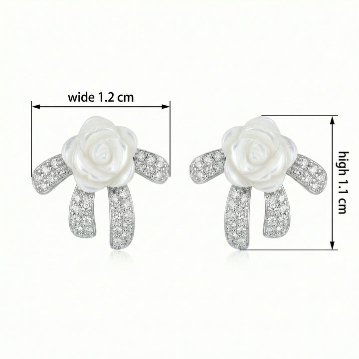 ✨ 925 Sterling Silver Mother-of-Pearl Rose & Crystal Bow Stud Earrings ✨