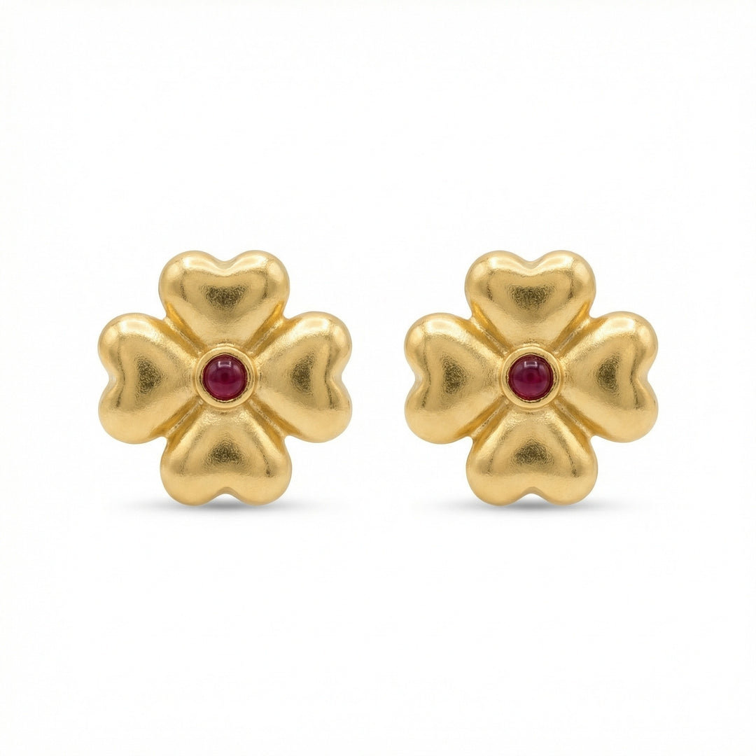 ❤️✨ 925 Sterling Silver Heart Clover Stud Earrings with Ruby Red Center ✨❤️