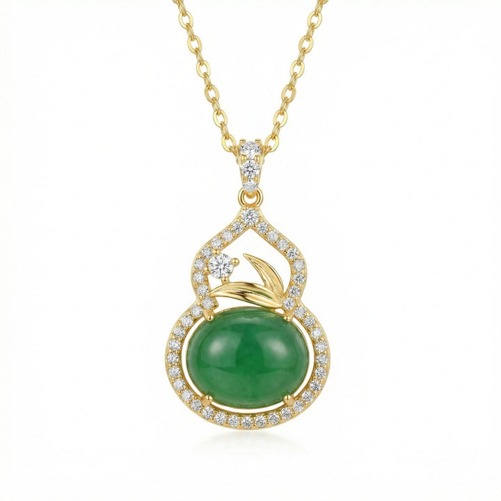 ✨ 925 Sterling Silver Elegant Jadeite Gourd Necklace with Diamond Accents & Auspicious Coin Motifs ✨