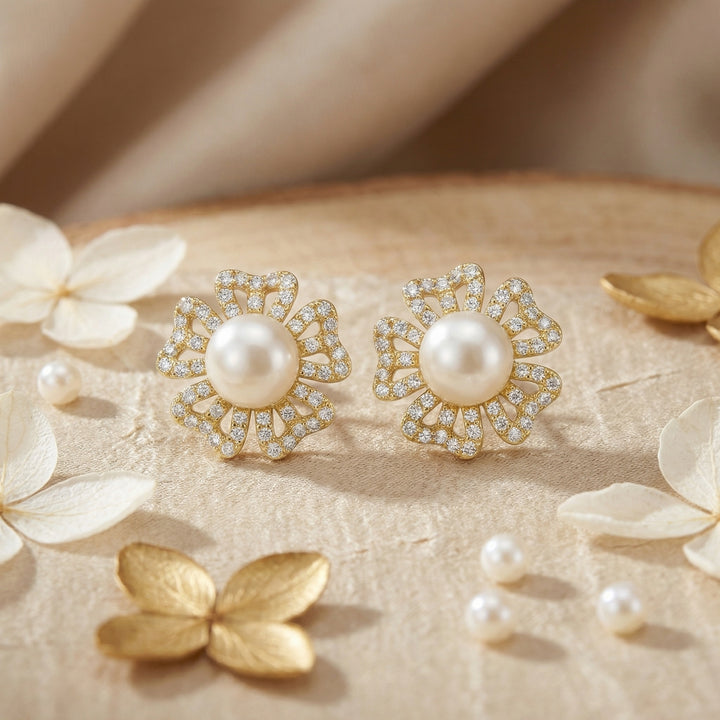 ✨ 925 Sterling Silver Floral Pearl Stud Earrings with Sparkling Stone Accents
