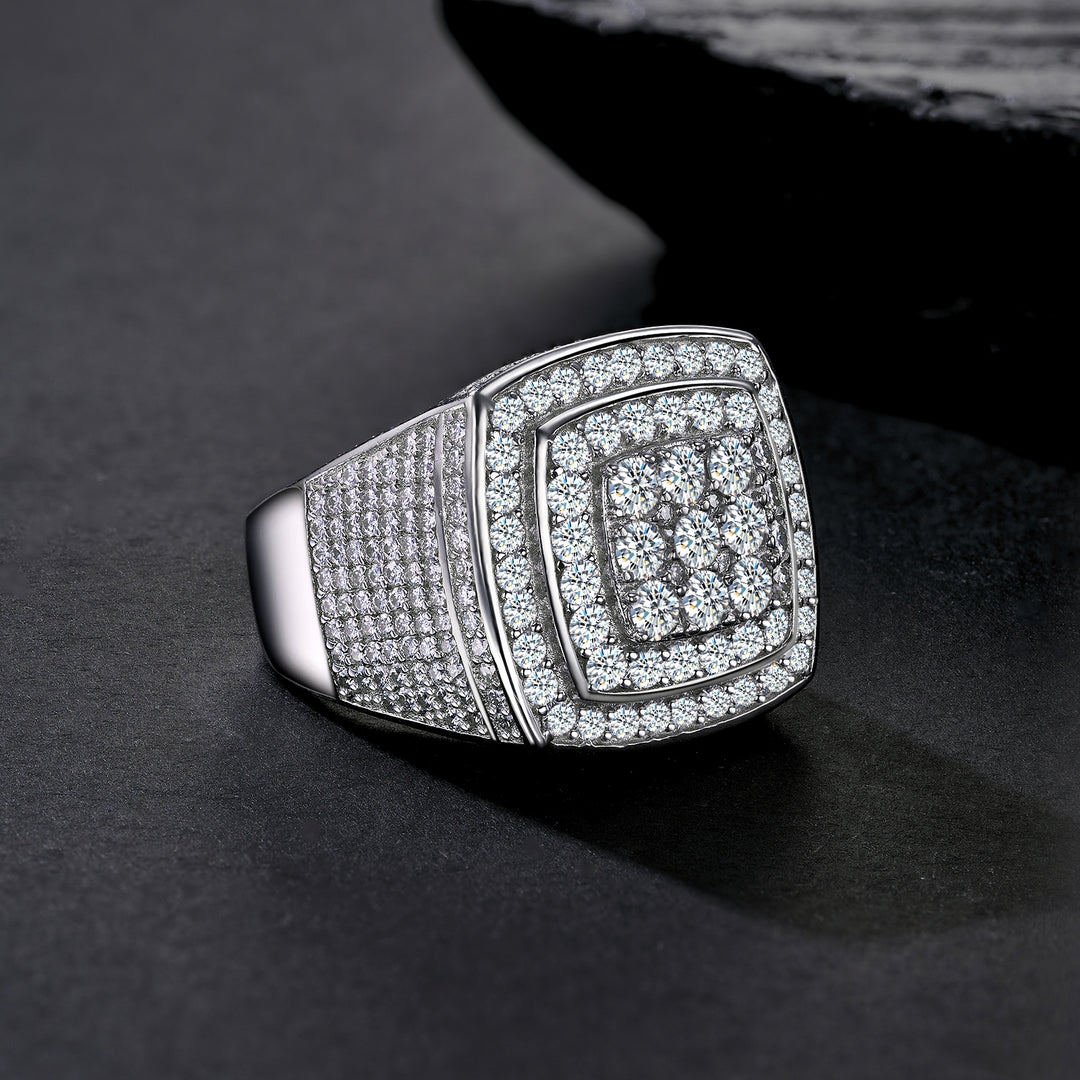 💍 Men’s Engraved Moissanite Ring – Platinum-Plated S925 Silver (19.6g, Sizes 5–9) 💍