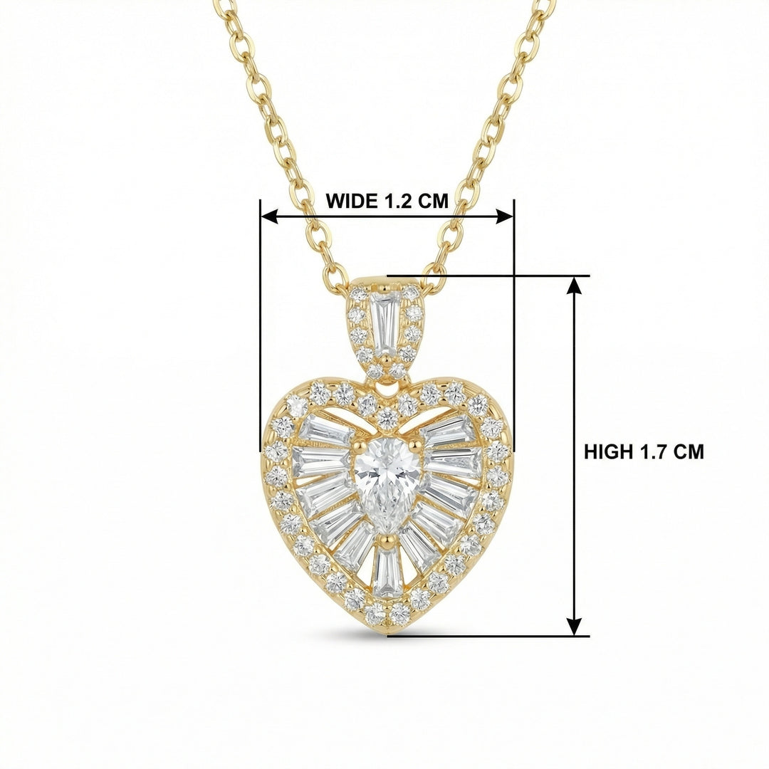 925 Sterling Silver Heart-Shaped Pendant Necklace with Pear, Baguette & Round Brilliant Diamonds