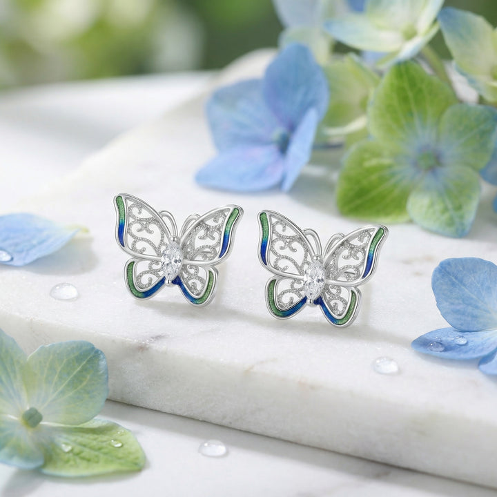 ✨ 925 Sterling Silver Butterfly Stud Earrings with Blue-Green Enamel & Marquise Zirconia ✨