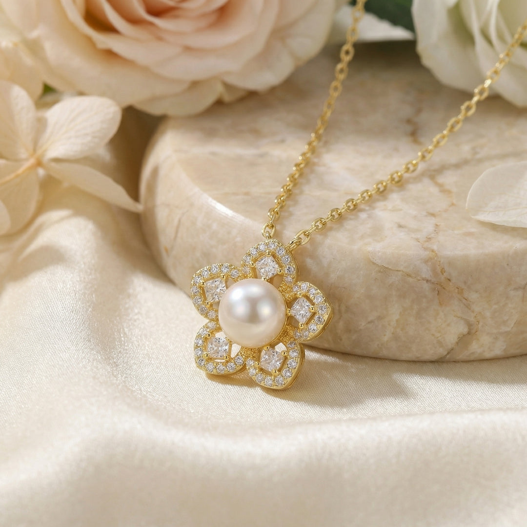 ✨ 925 Sterling Silver Pearl Floral Necklace