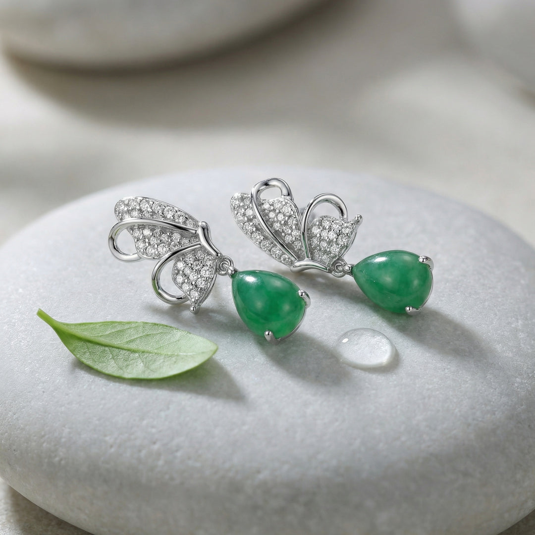 925 Sterling Silver Elegant Butterfly Drop Earrings with Green Teardrop Gemstones