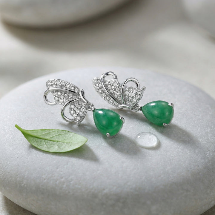 925 Sterling Silver Elegant Butterfly Drop Earrings with Green Teardrop Gemstones