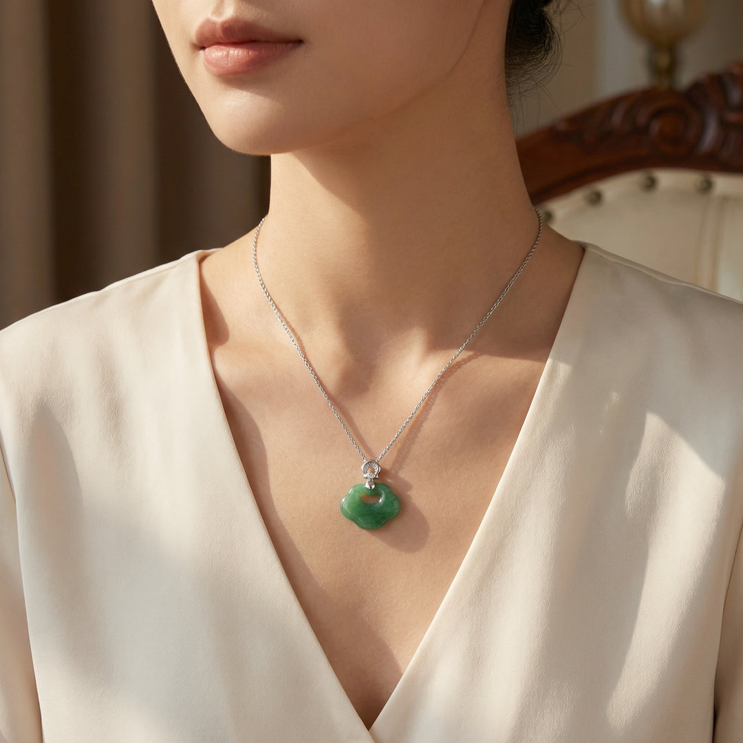925 Sterling Silver Green Jade Longevity Lock Pendant Necklace – Diamond Accent Elegance