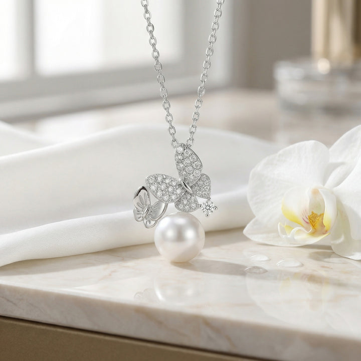 ✨ 925 Sterling Silver Butterfly Pearl Necklace