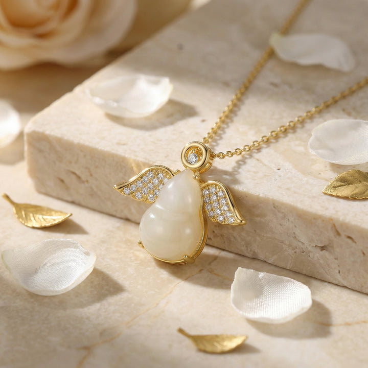 925 Sterling Silver Winged Hulu Pendant Necklace with Pear-Shaped Stone and Crystal Accents