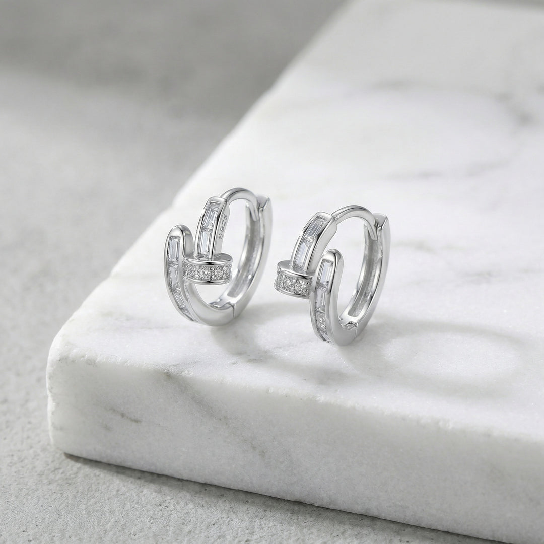 ✨ 925 Sterling Silver Nail-Shaped Huggie Hoop Earrings with CZ Stones ✨