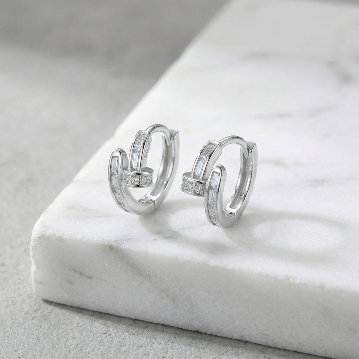 ✨ 925 Sterling Silver Nail-Shaped Huggie Hoop Earrings with CZ Stones ✨