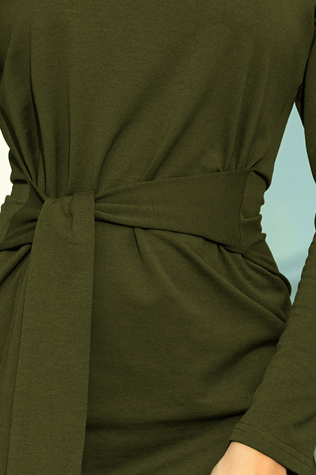 Dress with a wide tied belt - KHAKI