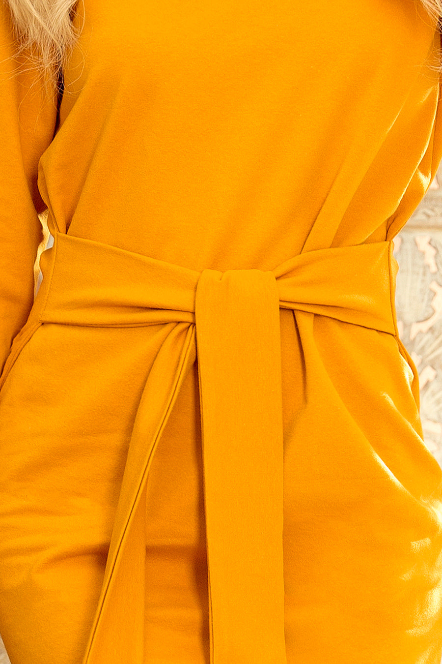 Dress with a wide tied belt - mustard