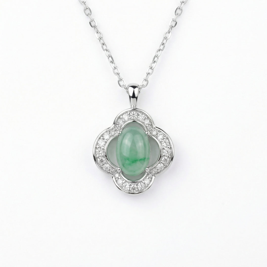 925 Sterling Silver Green Jade Quatrefoil Necklace – Elegant Pendant with Sparkling Gemstone Halo