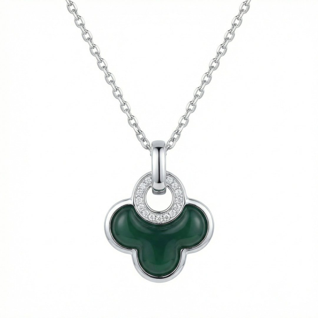 925 Sterling Silver Green Clover Necklace – Malachite Pendant with Diamond Halo