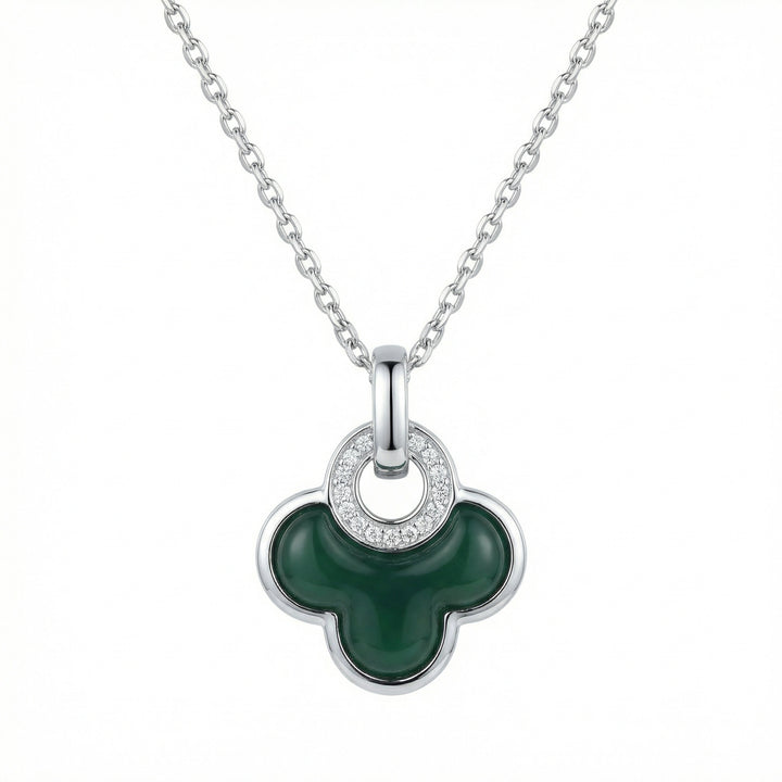 925 Sterling Silver Green Clover Necklace – Malachite Pendant with Diamond Halo