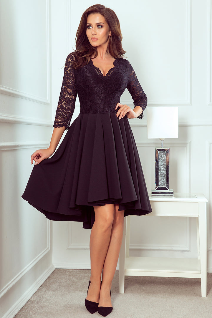 NICOLLE - dress with longer back with lace neckline - Black