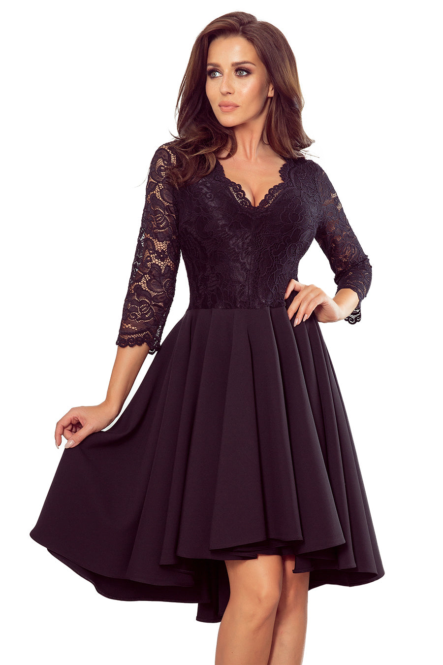 NICOLLE - dress with longer back with lace neckline - Black