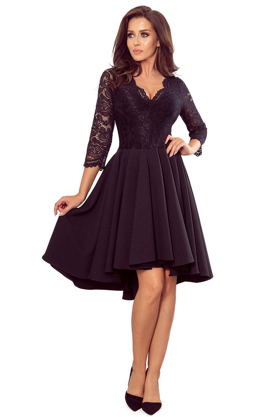 NICOLLE - dress with longer back with lace neckline - Black