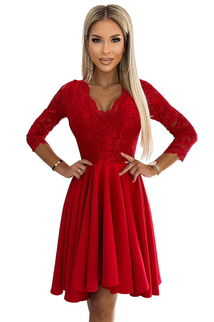 NICOLLE - dress with lace neckline and longer back - red