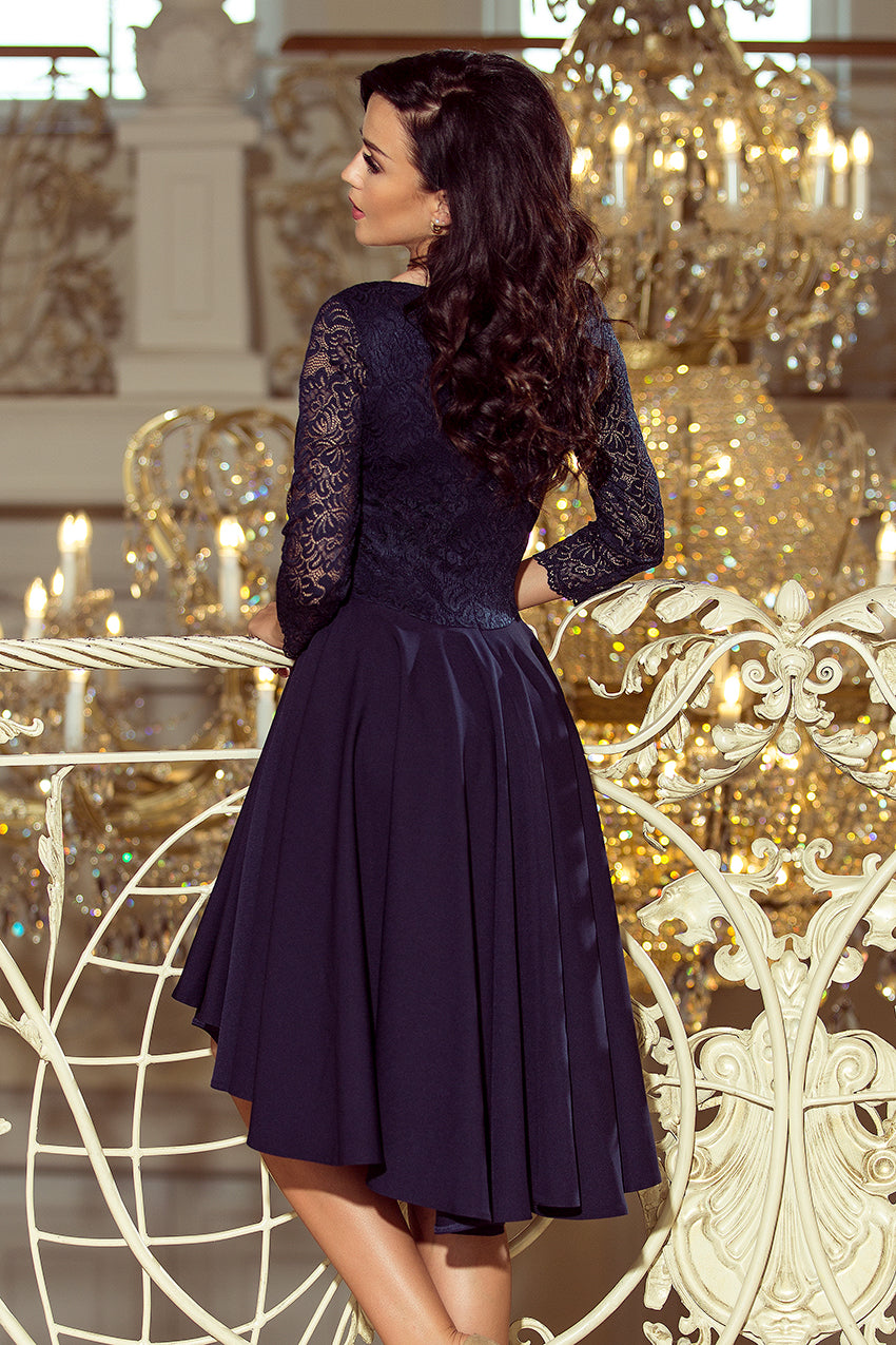 NICOLLE - dress with longer back with lace neckline - navy blue