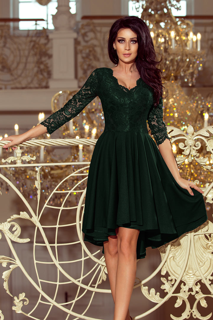 NICOLLE - dress with longer back with lace neckline - dark green