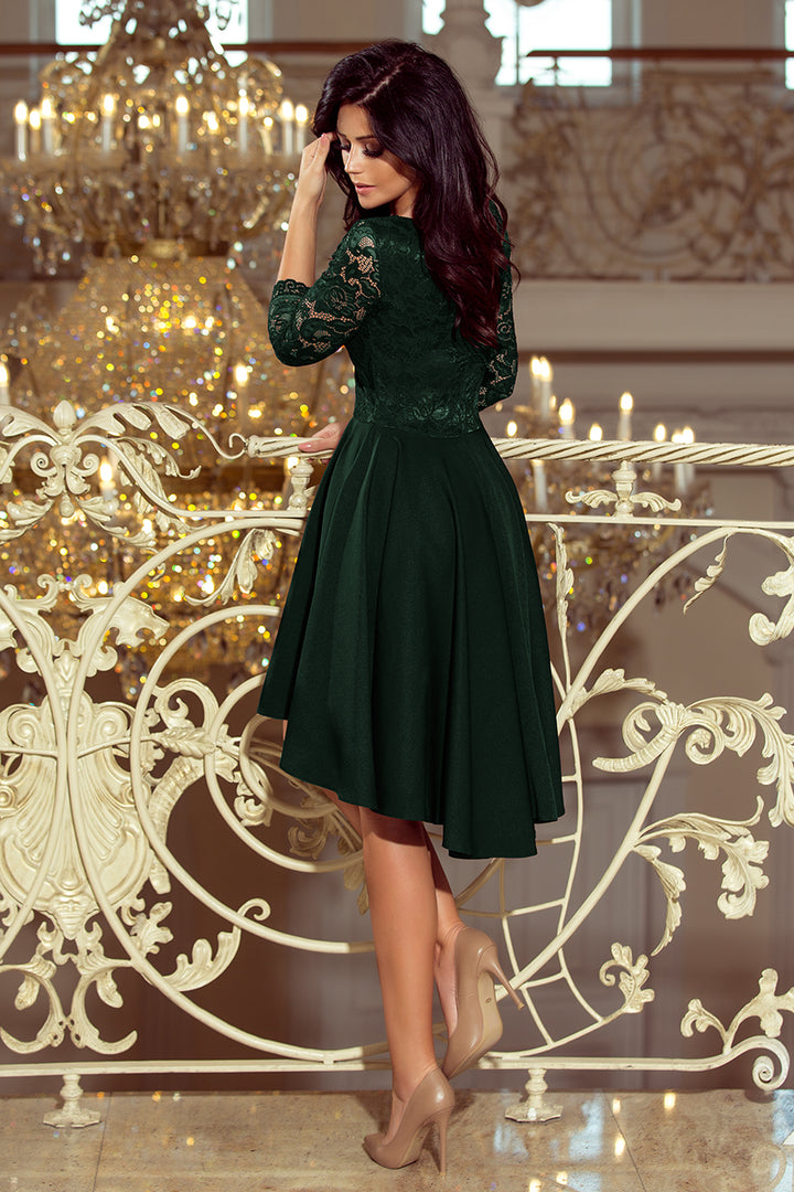 NICOLLE - dress with longer back with lace neckline - dark green