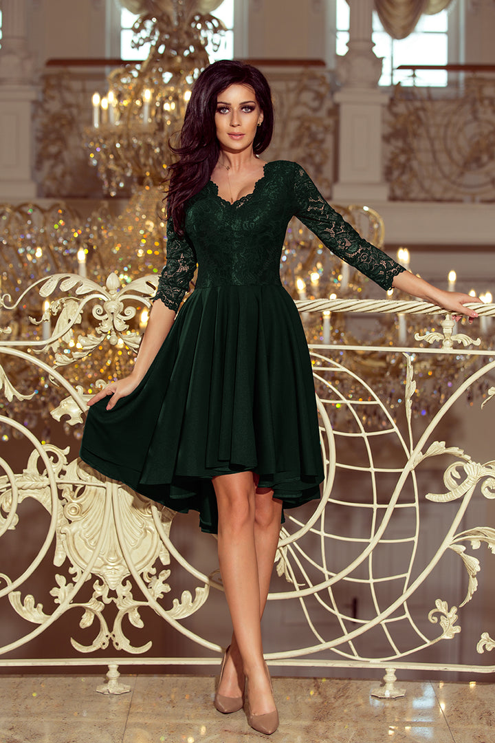 NICOLLE - dress with longer back with lace neckline - dark green