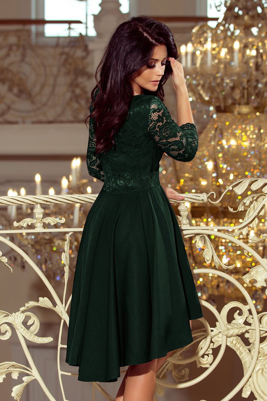 NICOLLE - dress with longer back with lace neckline - dark green