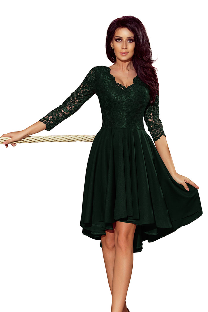 NICOLLE - dress with longer back with lace neckline - dark green