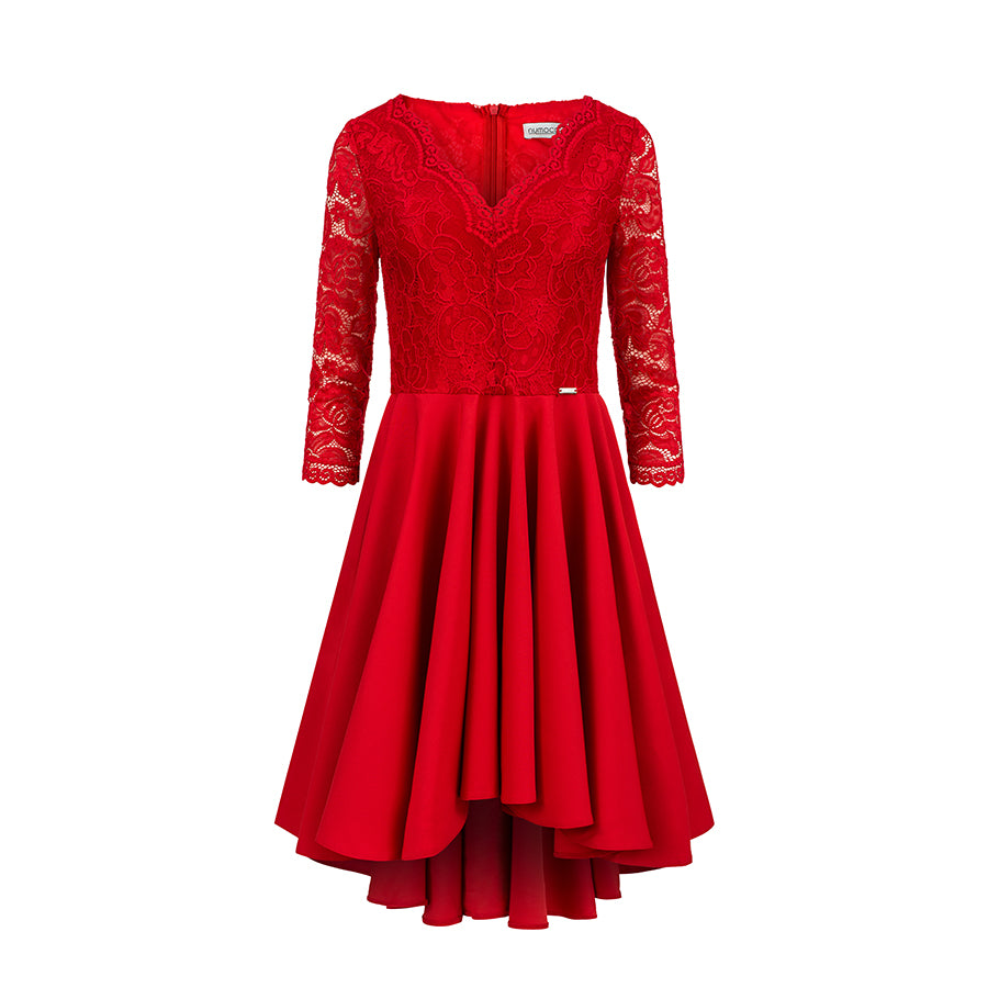 NICOLLE - dress with longer back with lace neckline - Red