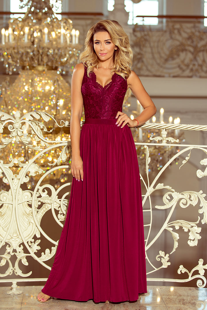 LEA long dress with lace neckline - Burgundy color