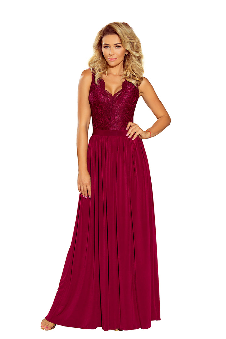 LEA long dress with lace neckline - Burgundy color