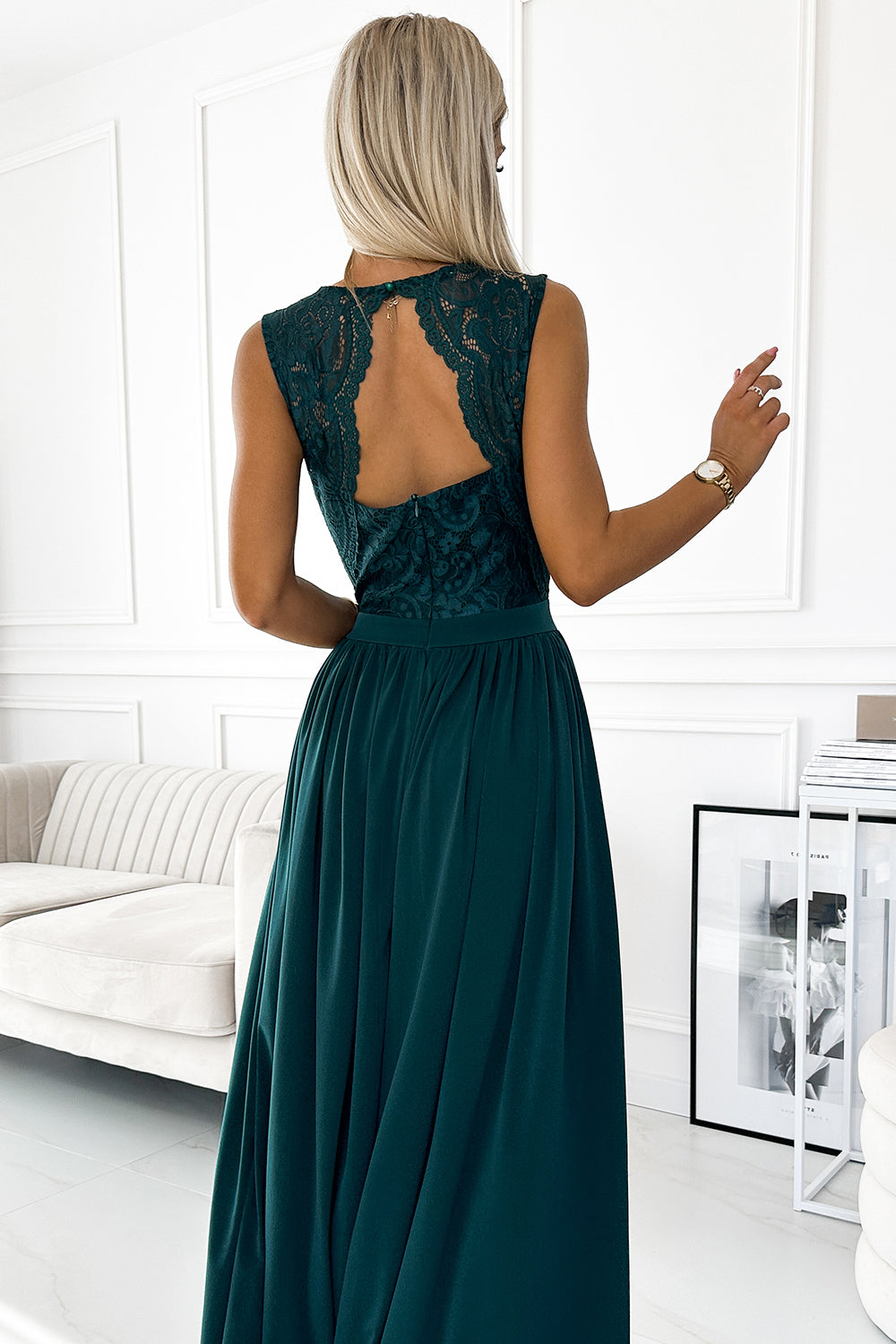 LEA long dress with lace neckline - green