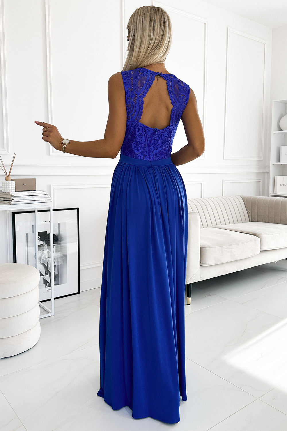 LEA long dress with lace neckline - royal blue