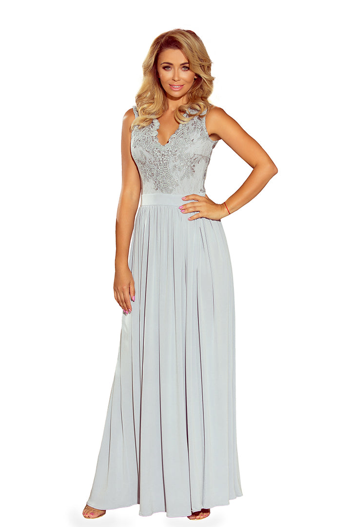 Long sleeveless dress with embroidered cleavage - silver color