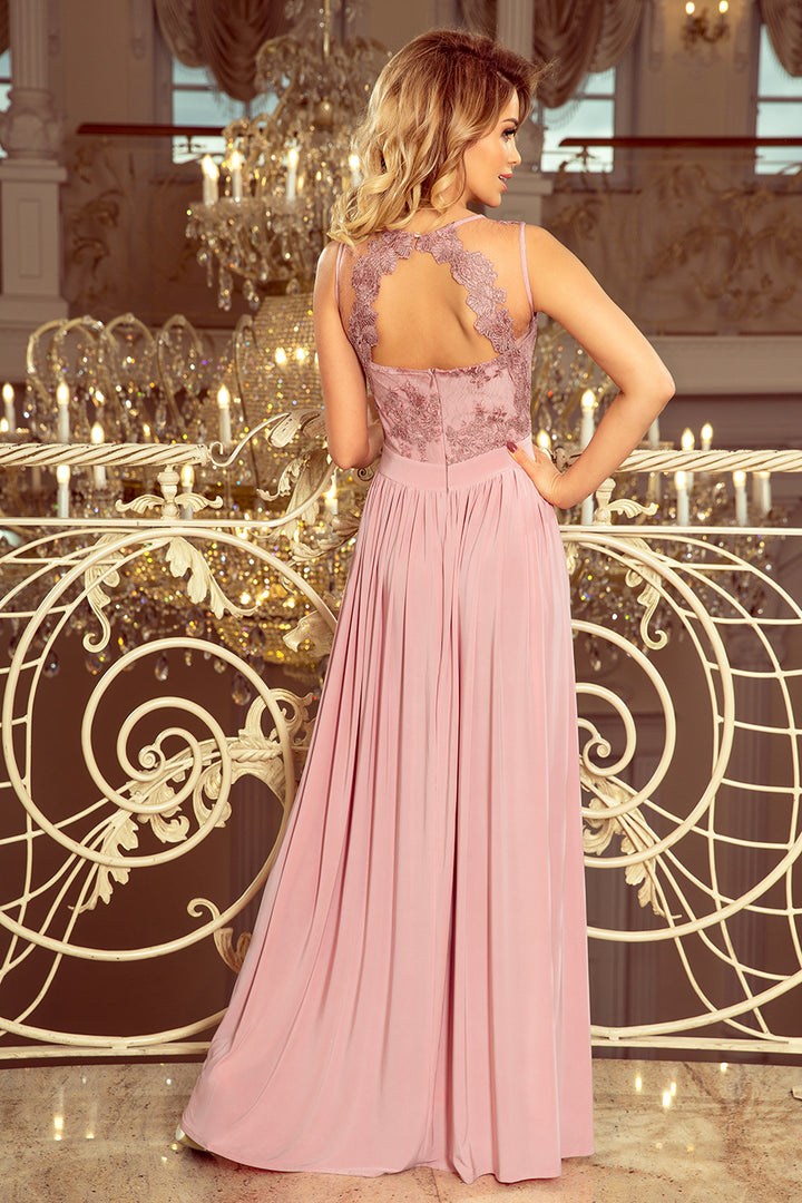 Long sleeveless dress with embroidered cleavage - TAUPE