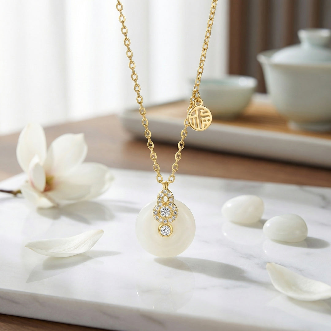 925 Sterling Silver White Stone Gourd Necklace – Auspicious Pendant with Fortune Coin Detail