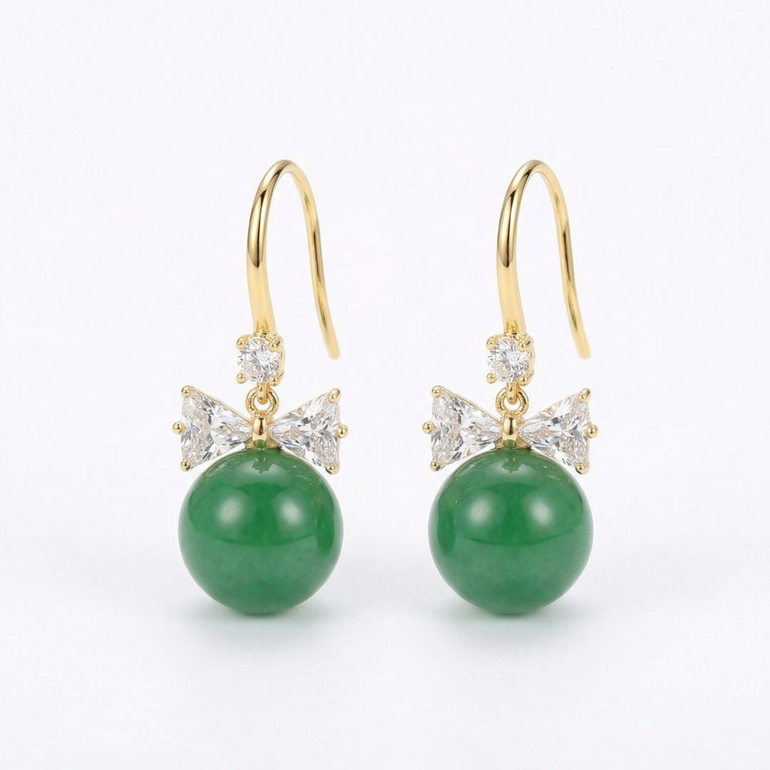 925 Sterling Elegant Green Jade Drop Earrings with Bowknot Accents