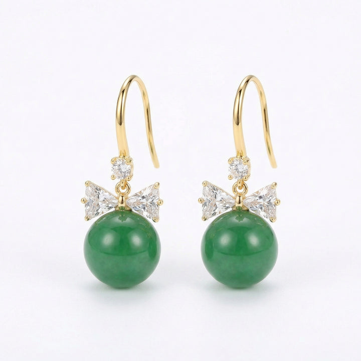 925 Sterling Elegant Green Jade Drop Earrings with Bowknot Accents