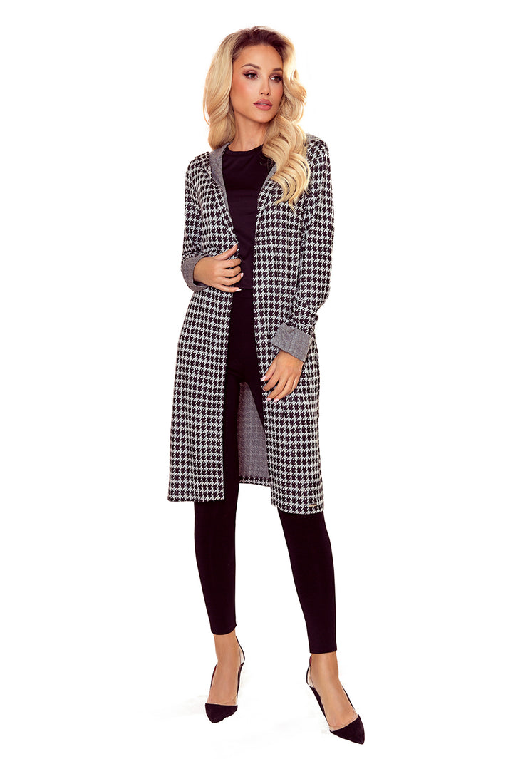 Coat with hood and pockets - houndstooth