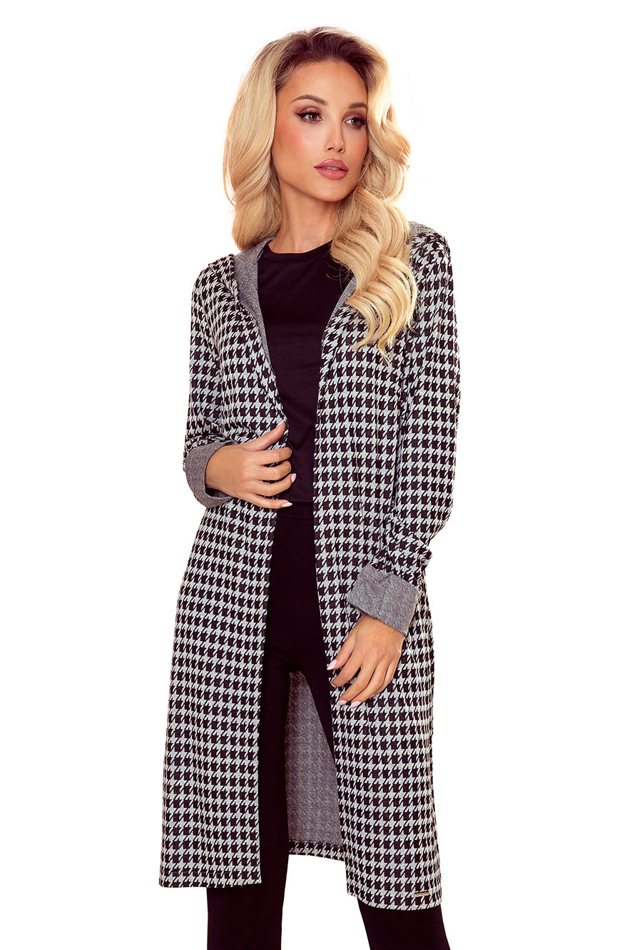 Coat with hood and pockets - houndstooth