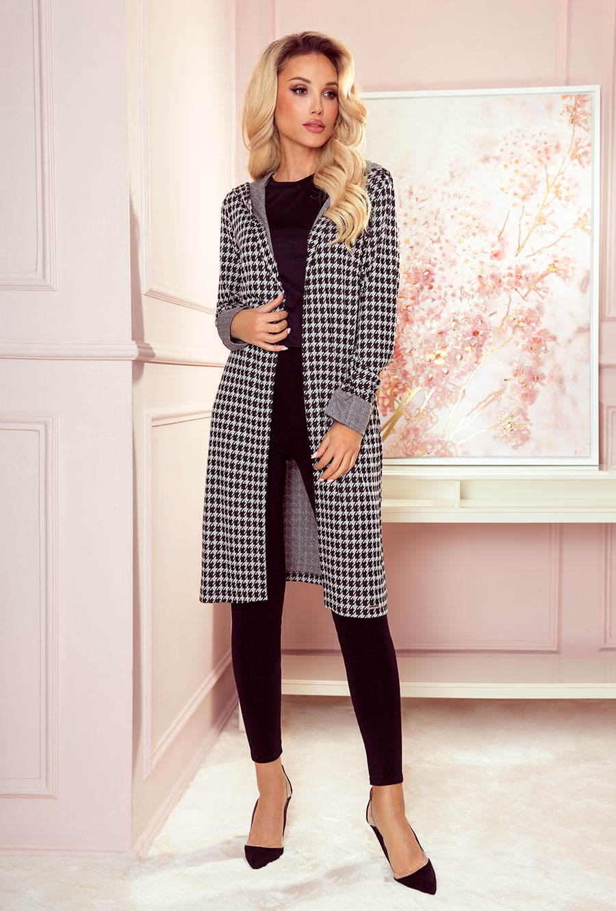 Coat with hood and pockets - houndstooth