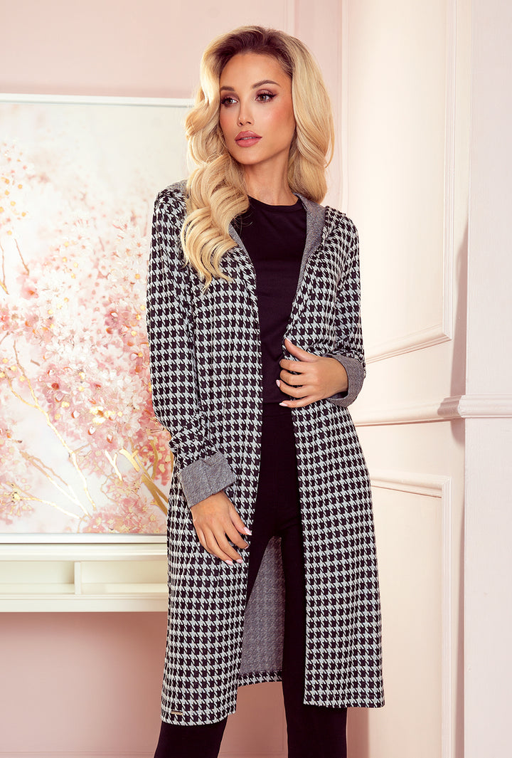 Coat with hood and pockets - houndstooth